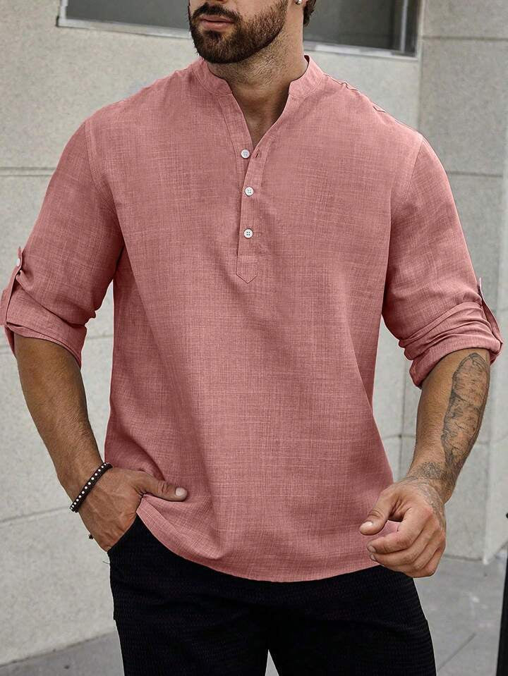 Men's Stand Collar Casual Long Sleeves Solid Color Shirt - 이미지 3