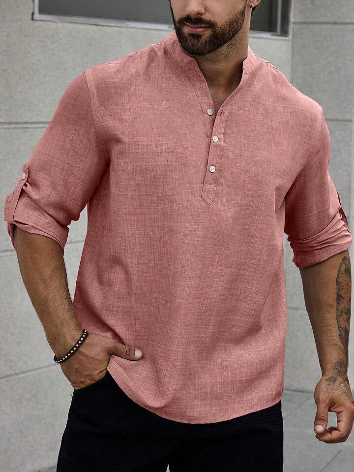 Men's Stand Collar Casual Long Sleeves Solid Color Shirt - 이미지 4
