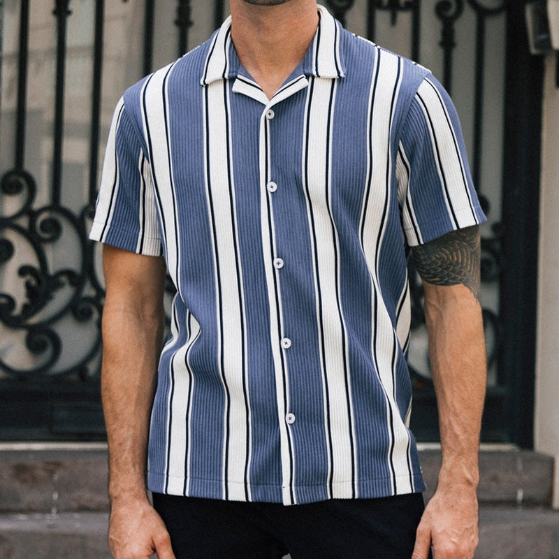 Men's Loose Short Sleeves Casual Striped Shirt - 画像 (4)