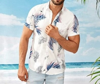 Men's Casual Short Sleeves Beach Shirt with Leaf Print - 이미지 5