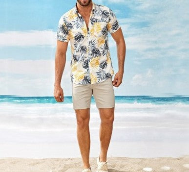 Men's Casual Short Sleeves Beach Shirt with Leaf Print - 이미지 7