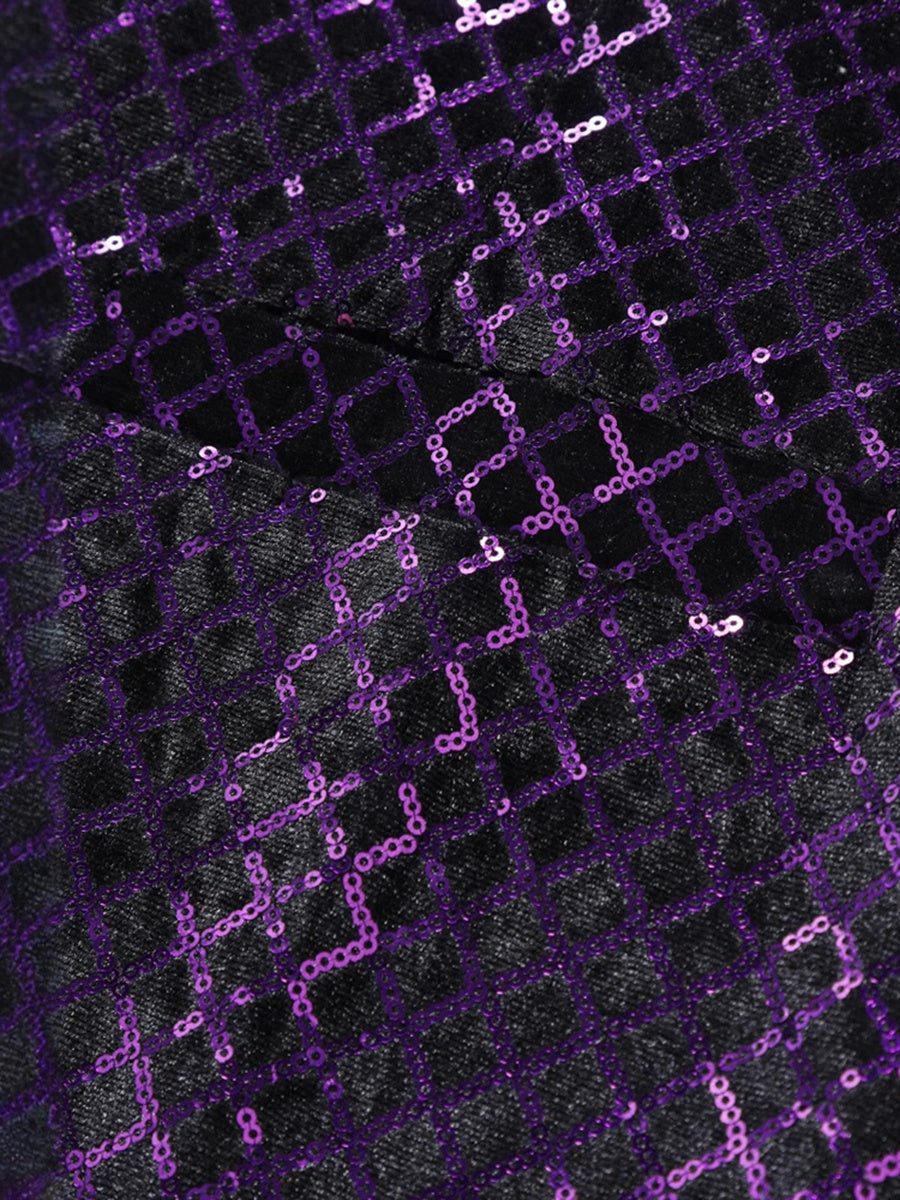 Purple Men's Sequins V-Neck Single Breasted Buttons Sparkling Party Vest with Pocket & Belt - 이미지 4