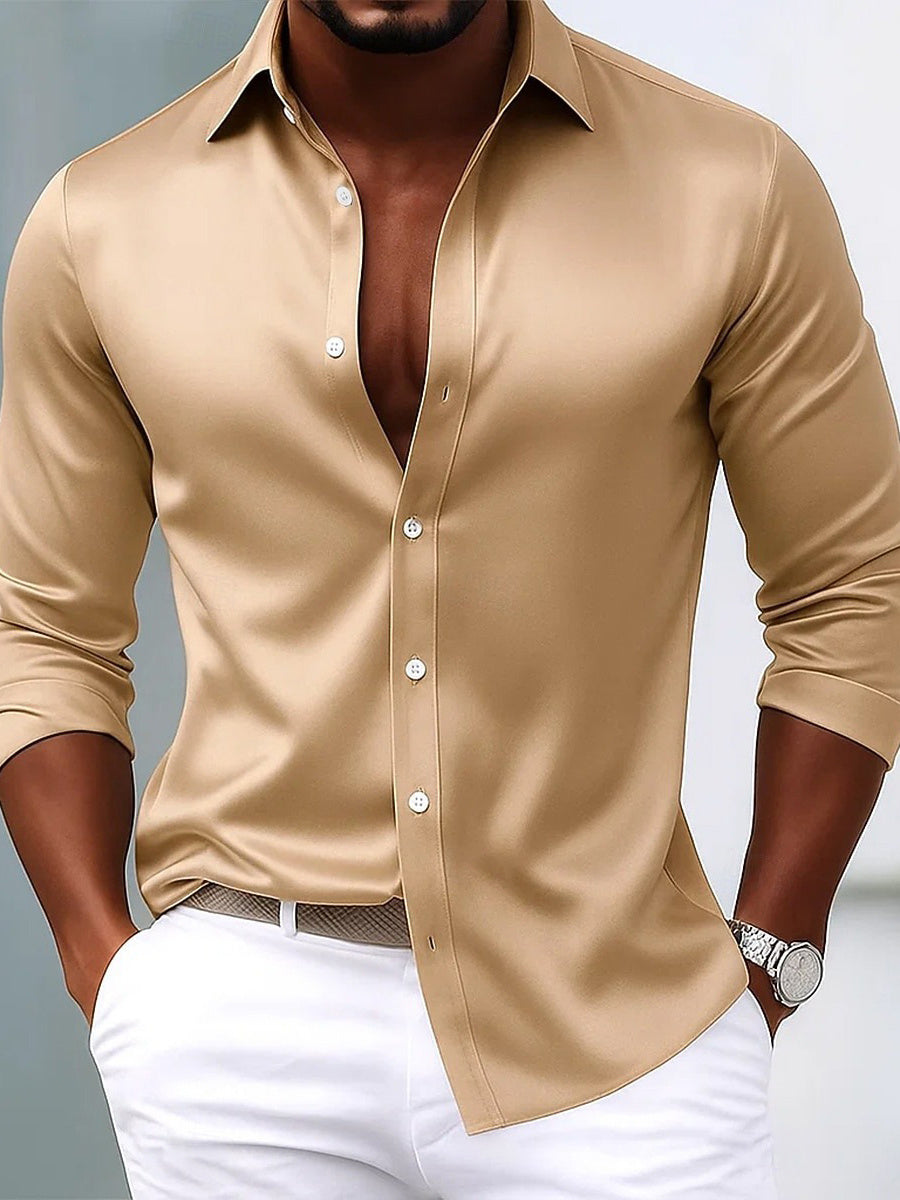 Men's Lapel Neck Long Sleeves Breathable Slim Fit Solid Color Shirt - 이미지 3