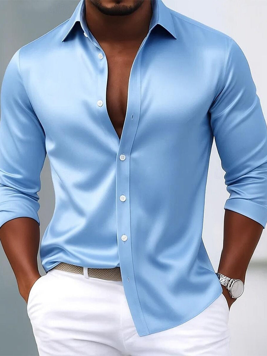 Men's Lapel Neck Long Sleeves Breathable Slim Fit Solid Color Shirt - 이미지 2