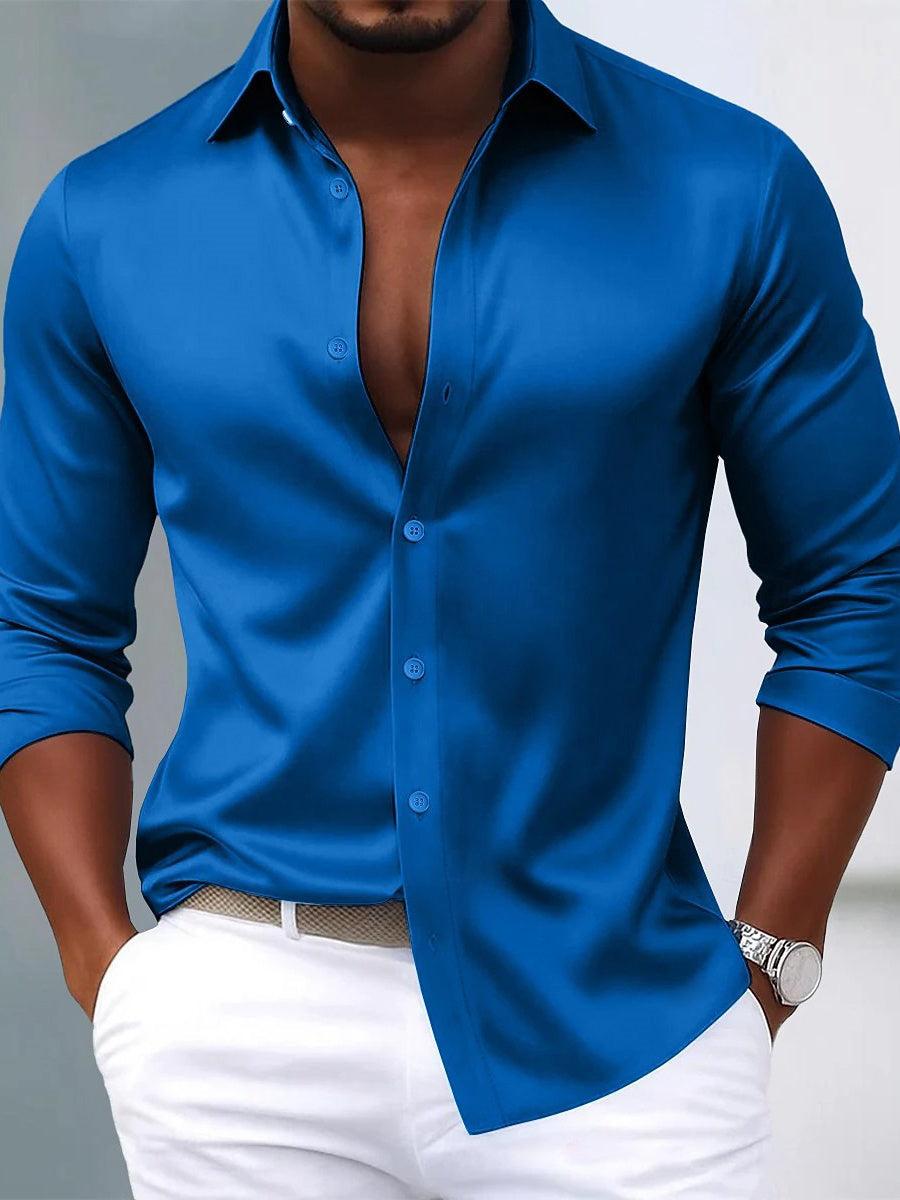Men's Lapel Neck Long Sleeves Breathable Slim Fit Solid Color Shirt - 이미지 8
