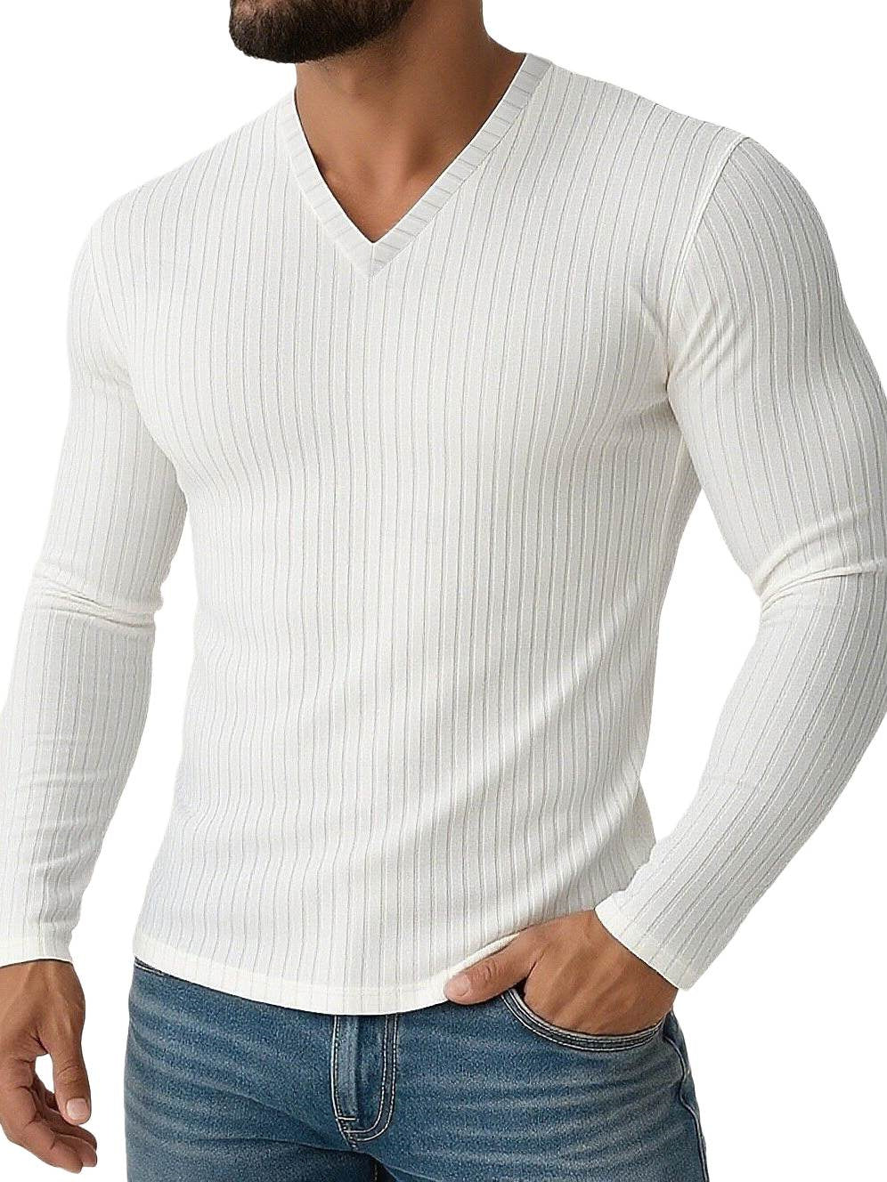 Men's Shirt Stretchy Slim Fit V Neck Solid Color Long Sleeves Shirt - 画像 (5)