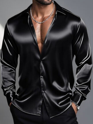 Men's Lapel Neck Long Sleeves Breathable Slim Fit Solid Color Shirt