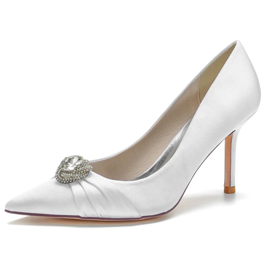 Women's Wedding Silk Satin Stiletto Heel Pointed Toe Bridal Shoes with Big Crystal - Image 5