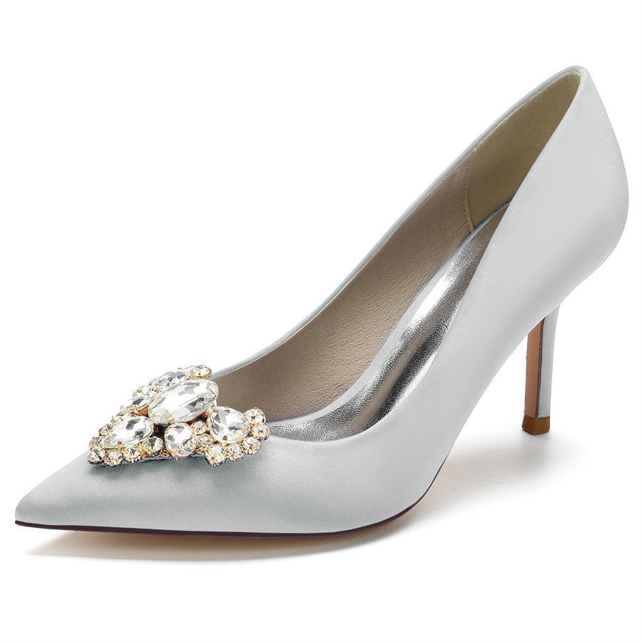 Women's Wedding Pointed Toe Elegant Stiletto Heel Bridal Shoes with Heart Rhinestones - 画像 (13)
