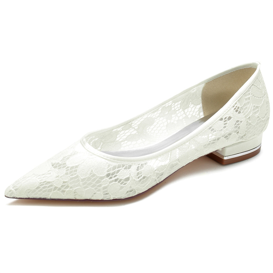 Women's Wedding Shoes Minimalist Pointed Toe Low Heel Lace Bridal Shoes - 画像 (9)