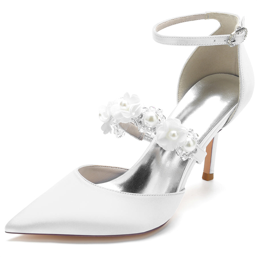 Women's Wedding Shoes Pointed Toe High Heel Bridal Shoes with Pearls & Flowers - 画像 (6)