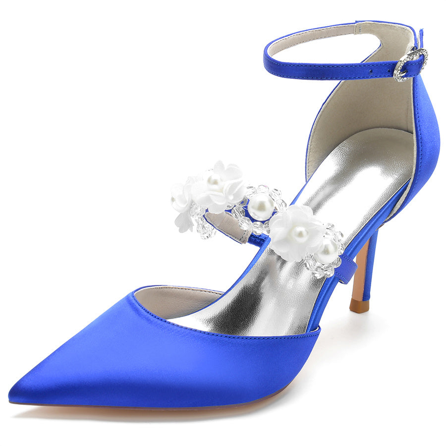 Women's Wedding Shoes Pointed Toe High Heel Bridal Shoes with Pearls & Flowers - 画像 (8)