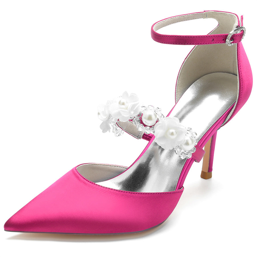 Women's Wedding Shoes Pointed Toe High Heel Bridal Shoes with Pearls & Flowers - 画像 (9)