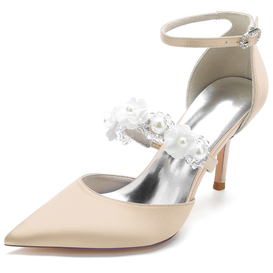 Women's Wedding Shoes Pointed Toe High Heel Bridal Shoes with Pearls & Flowers - 画像 (11)