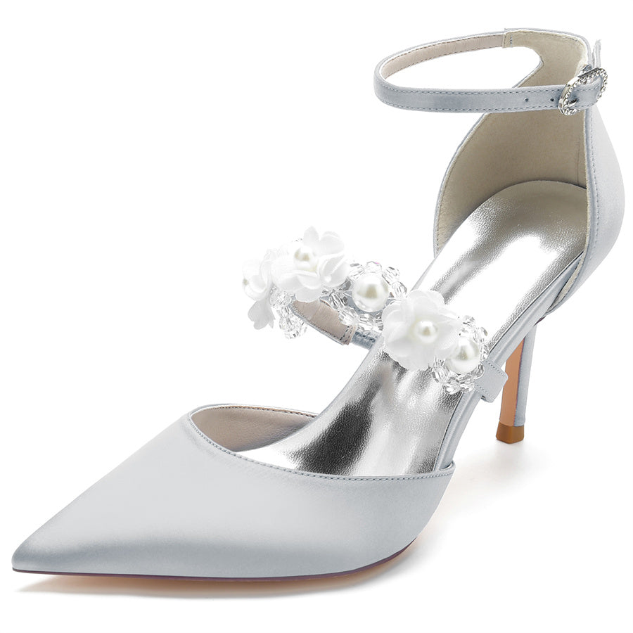 Women's Wedding Shoes Pointed Toe High Heel Bridal Shoes with Pearls & Flowers - 画像 (13)