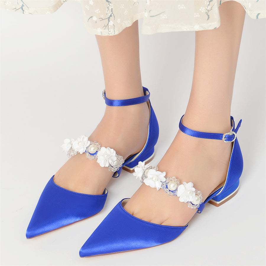 Women's Wedding Shoes Pointed Toe Low Heel Bridal Shoes with Pearls & Flowers - 이미지 2