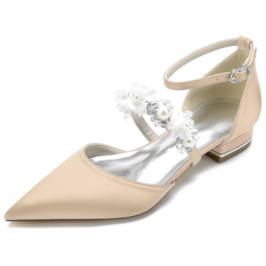 Women's Wedding Shoes Pointed Toe Low Heel Bridal Shoes with Pearls & Flowers - 이미지 12