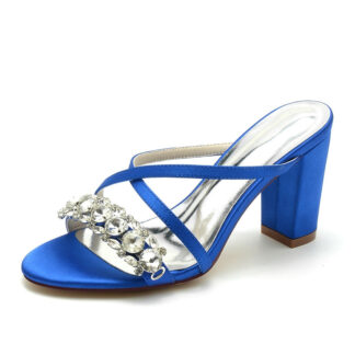 Women's Wedding Shoes Cross-strap Opened Toe Block Heel Slip-on Bridal Shoes with Luxurious Rhinestone