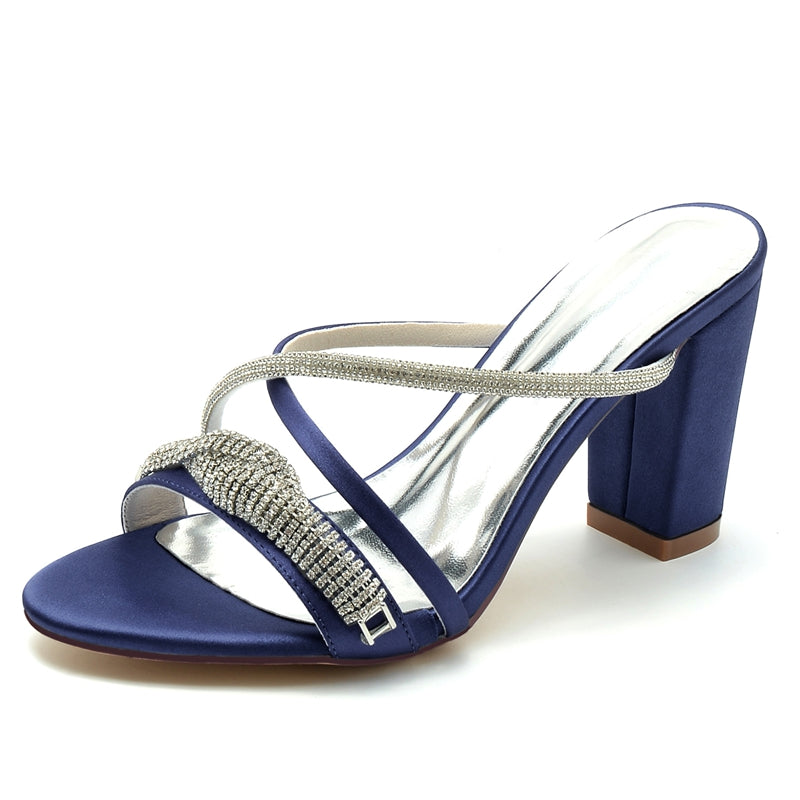 Women's Wedding Shoes Slip-on Opened Toe Cross-strap Block Heel Bridal Shoes with Spiral Rhinestone - Image 6