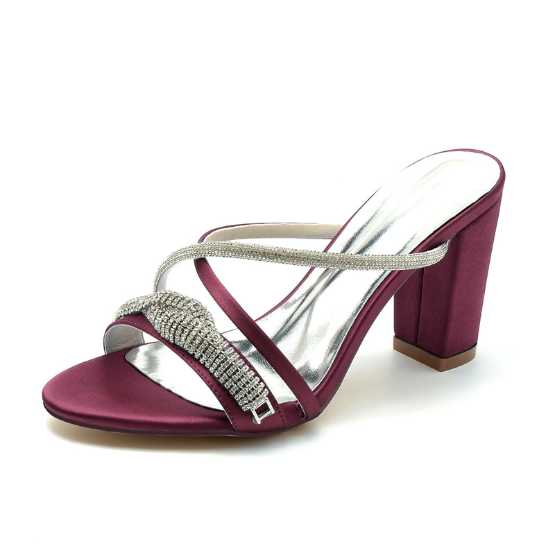 Women's Wedding Shoes Slip-on Opened Toe Cross-strap Block Heel Bridal Shoes with Spiral Rhinestone