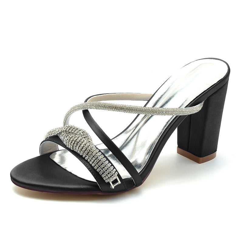 Women's Wedding Shoes Slip-on Opened Toe Cross-strap Block Heel Bridal Shoes with Spiral Rhinestone - Image 12