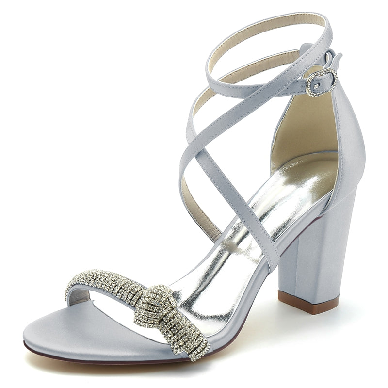Women's Wedding Shoes Crossed Straps Block Heel Opened Toe Buckle Bridal Shoes with Crystal - 画像 (9)