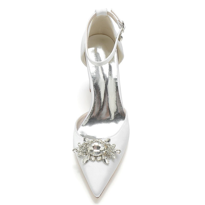Women's Wedding Shoes Chunky Heel Pointed Toe Sparkling Rhinestone Buckle Bridal Shoes - 이미지 5