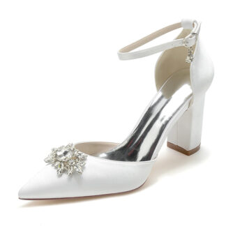Women's Wedding Shoes Chunky Heel Pointed Toe Sparkling Rhinestone Buckle Bridal Shoes