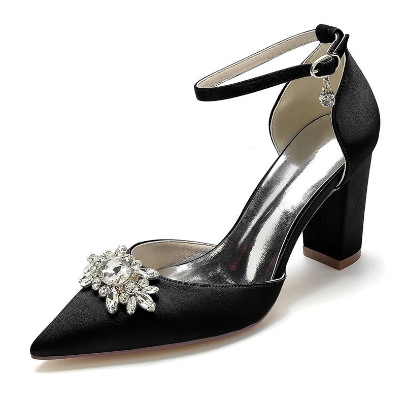 Women's Wedding Shoes Chunky Heel Pointed Toe Sparkling Rhinestone Buckle Bridal Shoes - 이미지 12