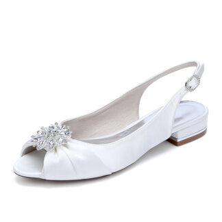 Women's Wedding Shoes Low Heel Peep Toe Buckle Bridal Shoes with Floral Crystals
