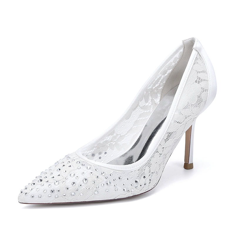 Women's Wedding Shoes Lace Pointed Toe Stiletto Heel Bridal Shoes with Crystals - 画像 (7)