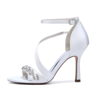 Women's Wedding Shoes Stiletto Heel Opened Toe Slanted Straps Buckle Bridal Shoes with Rhinestones