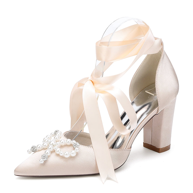 Women's Wedding Shoes Block Heel Pointed Toe Ankle Straps Bridal Shoes with Pearls & Rhinestones Bowknot