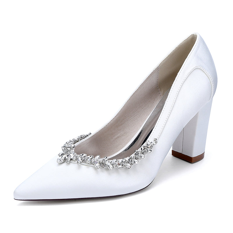 Women's Wedding Shoes Block Heel Pointed Toe Simple Bridal Shoes with Rhinestones - Image 2