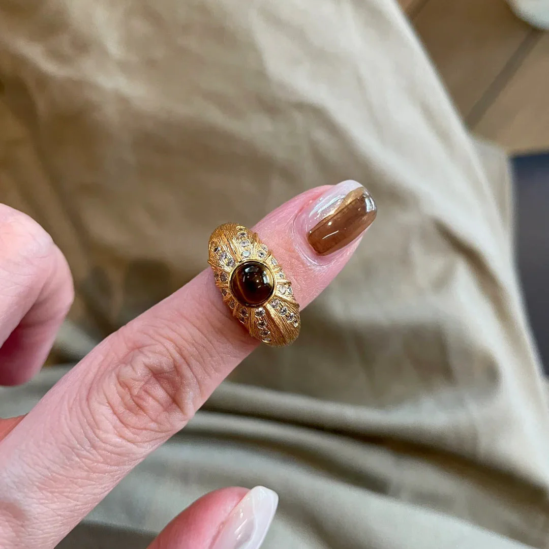 Vintage Luxury Natural Tiger Eye Sparkling Rhinestone Ring - Image 2