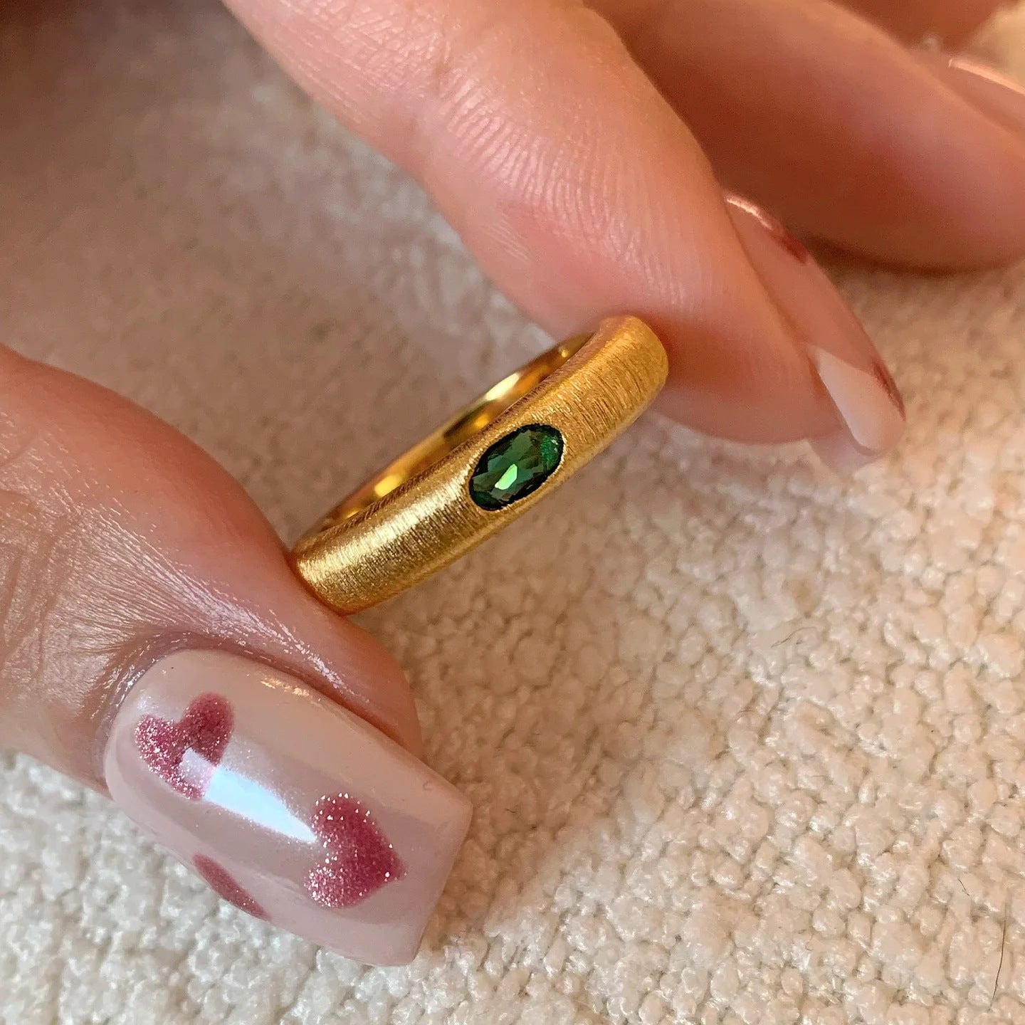 Vintage Brushed Cat Emerald Two Tone Bar Ring - 이미지 5