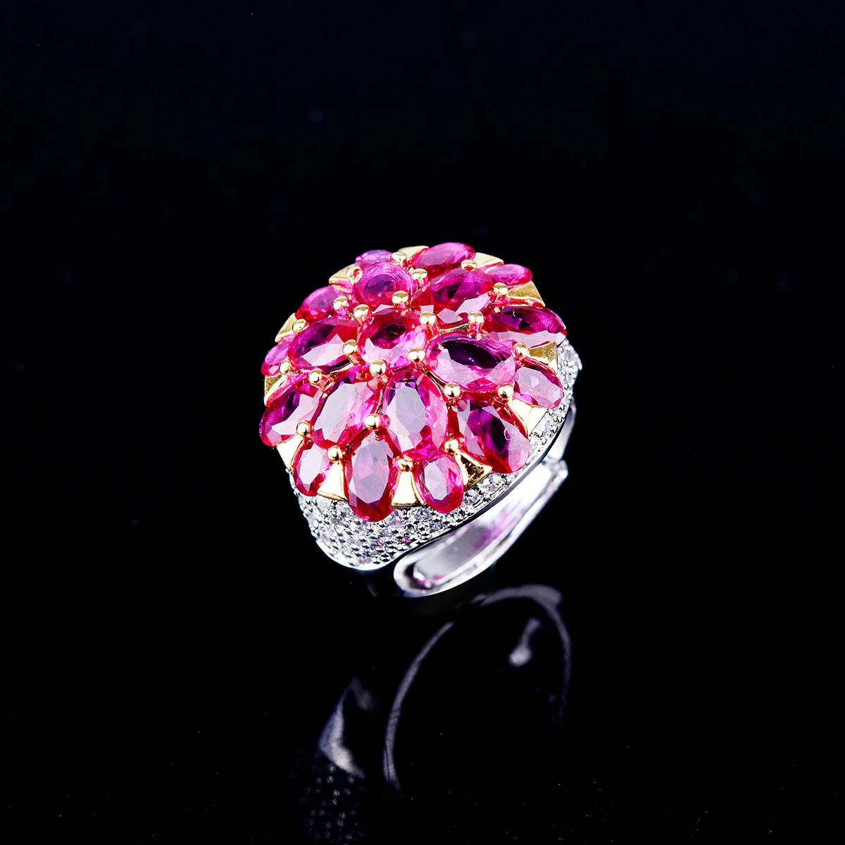 Vintage High-End Fuchsia Cone Flower Rhinestone Ring - 画像 (3)