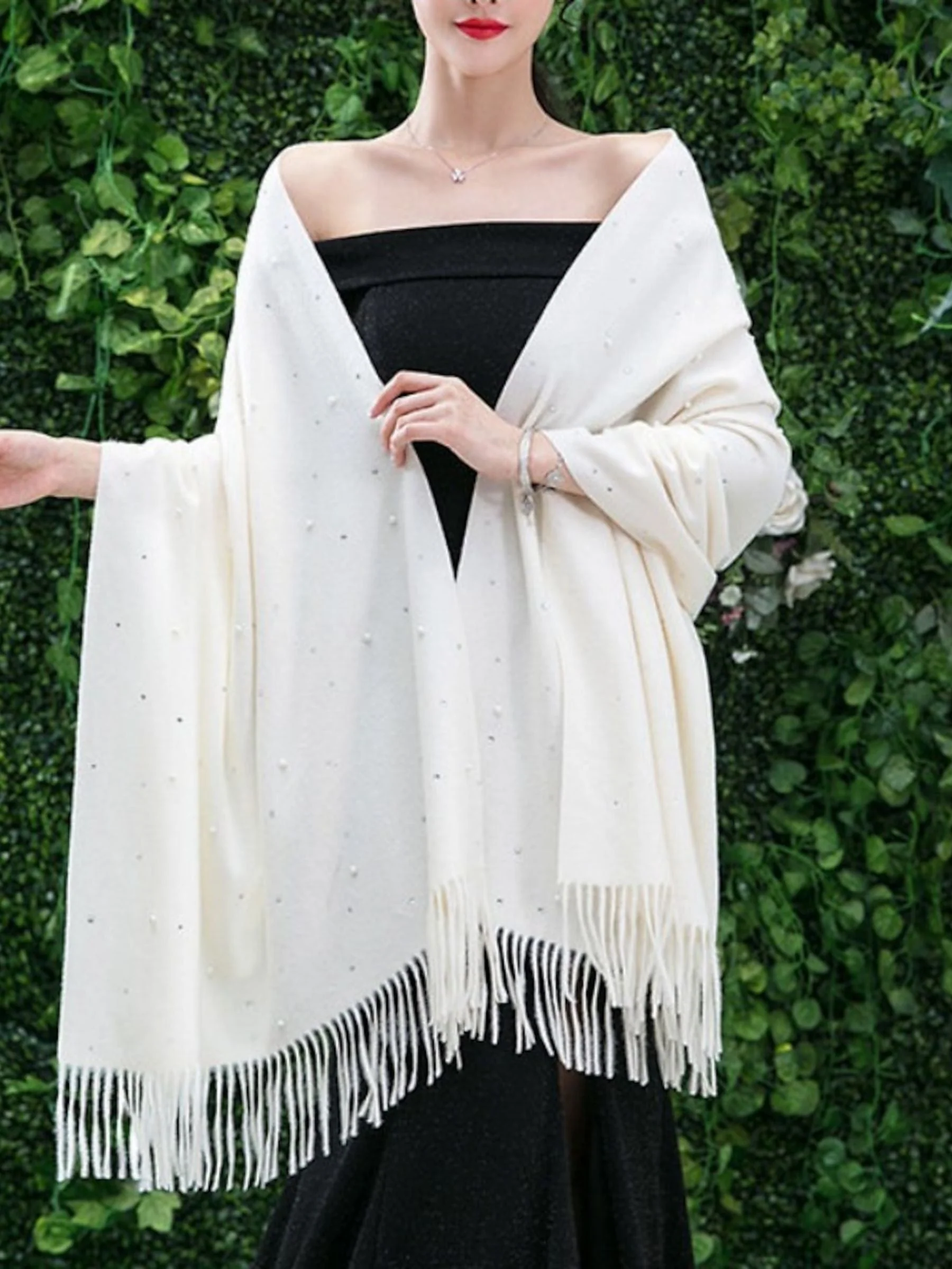 Women's Winter Pure Elegant Faux Wool Sleeveless Wrap with Rhinestone - Image 2