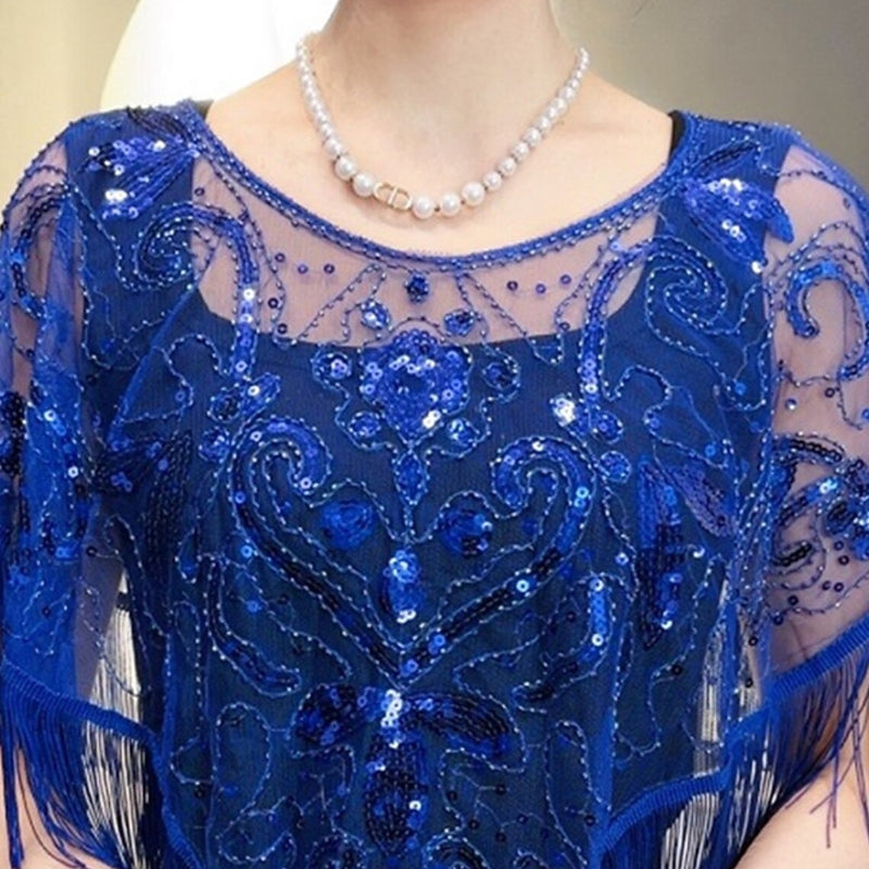 Women's Elegant Wrap Vintage Sleeveless Sequins Appliqued Wraps with Fringe