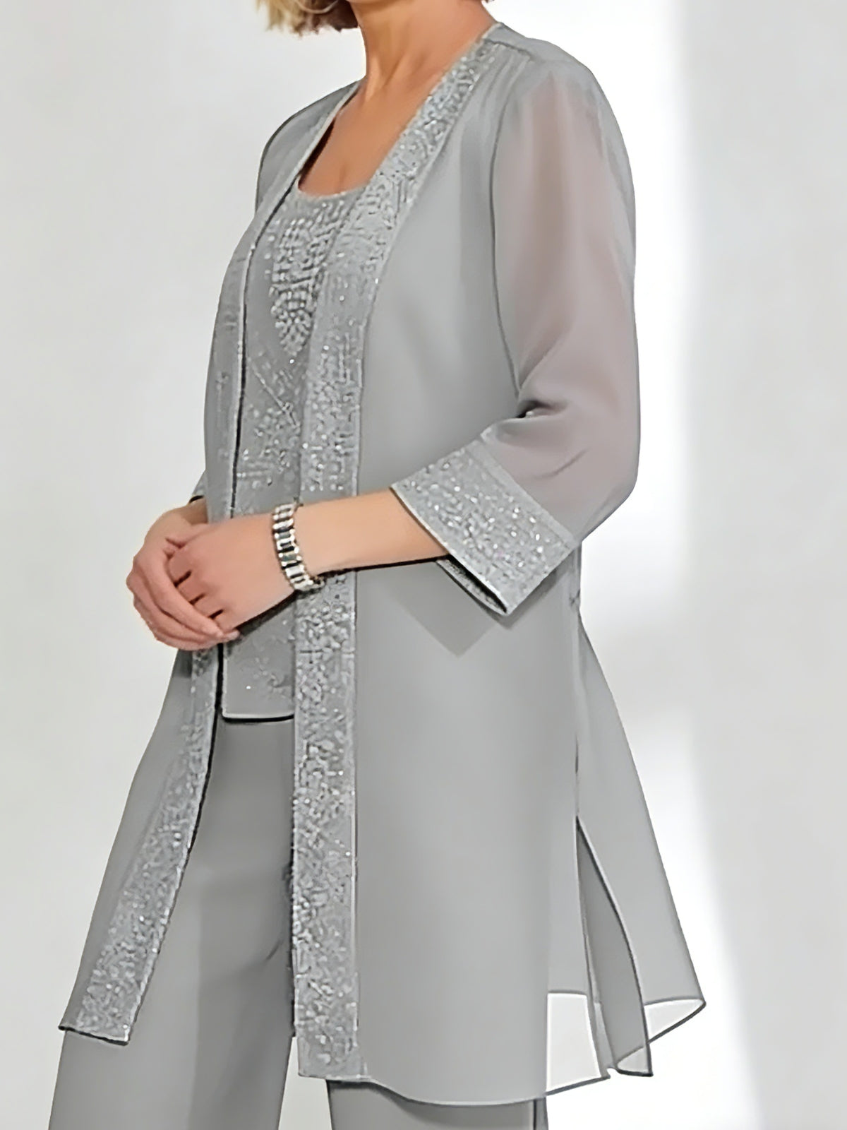 Chiffon 3/4 Sleeves Jacket Sequins Wraps Pure Color - 画像 (3)