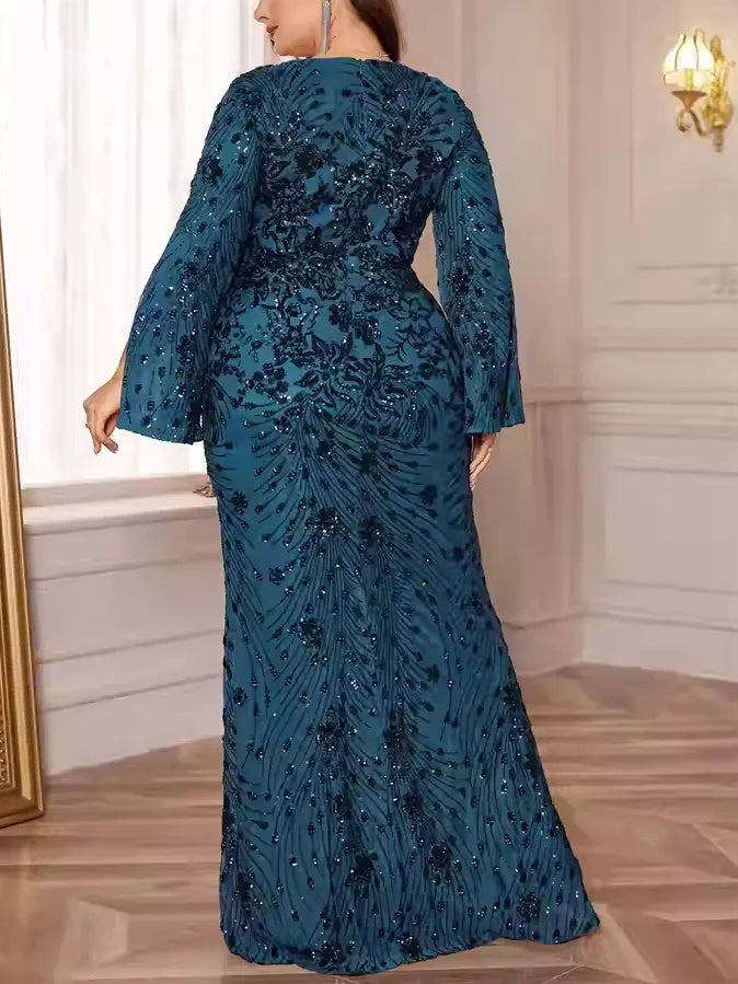 Sheath/Column Sequins Scoop Plus Size Mother of the Bride Dresses Long Sleeves Floor-Length Party Dresses - 画像 (2)