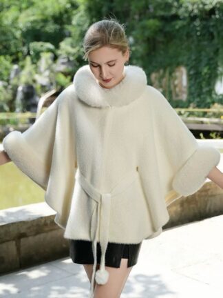 Elegant White Faux Fur Trim Belted Cape Shawl/Wrap for Women