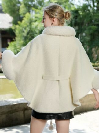 Elegant White Faux Fur Trim Belted Cape Shawl/Wrap for Women