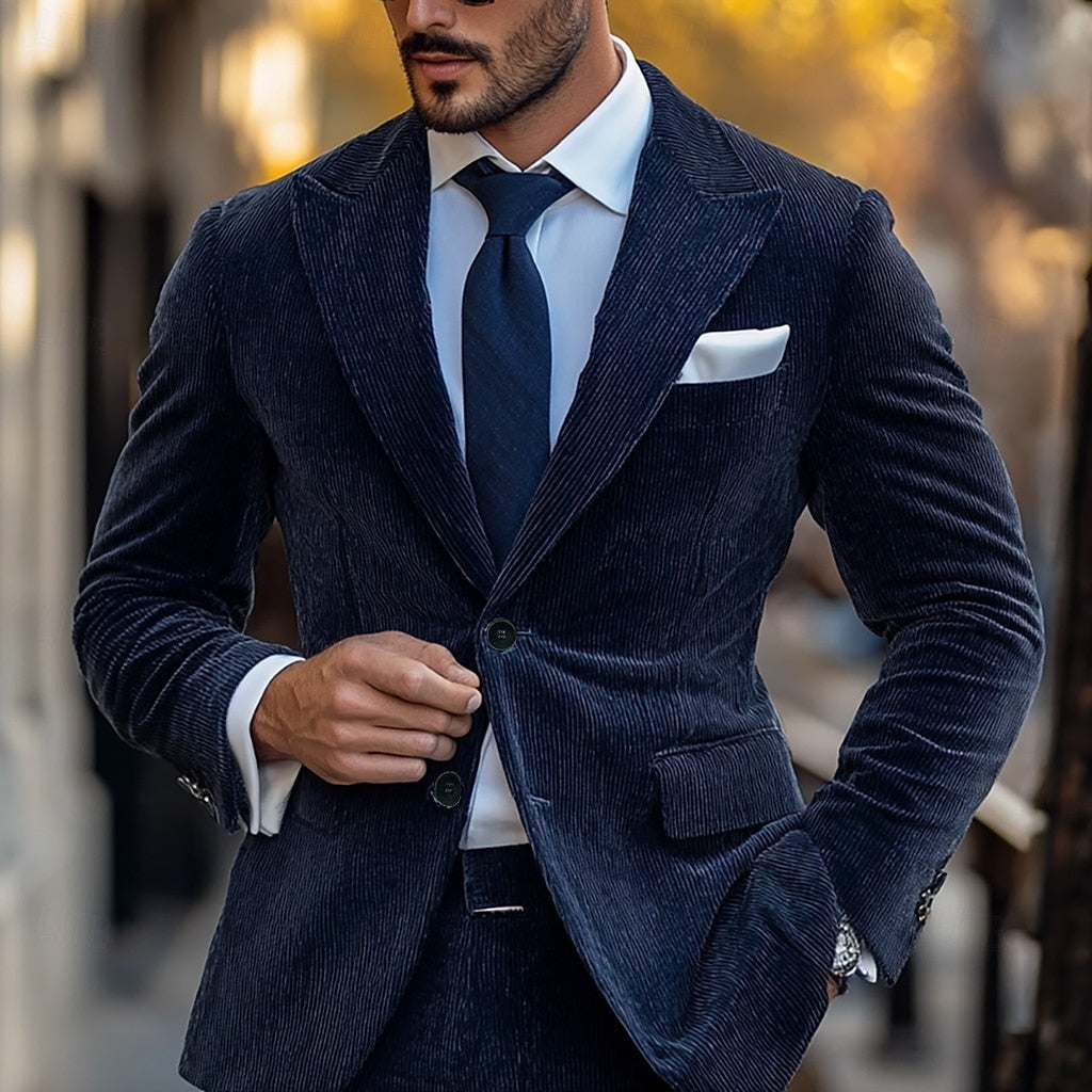 Navy Blue Men's Corduroy Solid Standard Single Breasted Two-buttons Party Suits Jacket - 이미지 2