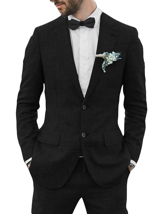 Men's Tailored Fit Single Breasted Two-buttons 2 Pieces Solid Colored Linen Suits - 画像 (6)