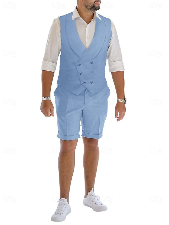 Men's Tailored Fit Double Breasted Six-buttons 2 Pieces Linen Suits - Image 2