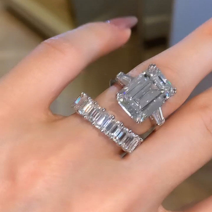 White Gold Sterling Silver Emerald Cut Women's Eternity Ring Set - 画像 (2)