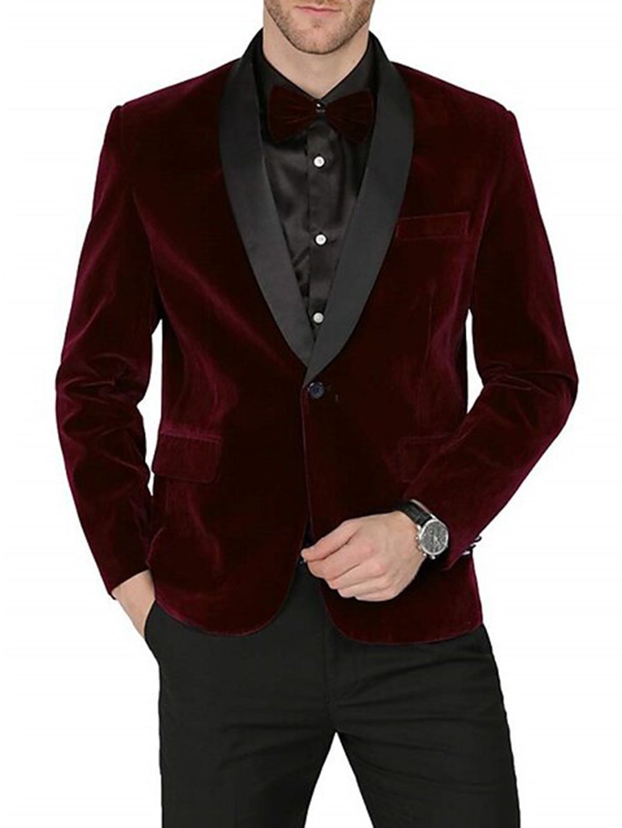 Green Blue Burgundy Men's Velvet Regular Single Breasted One-Button Party Suits Jacket - 画像 (2)
