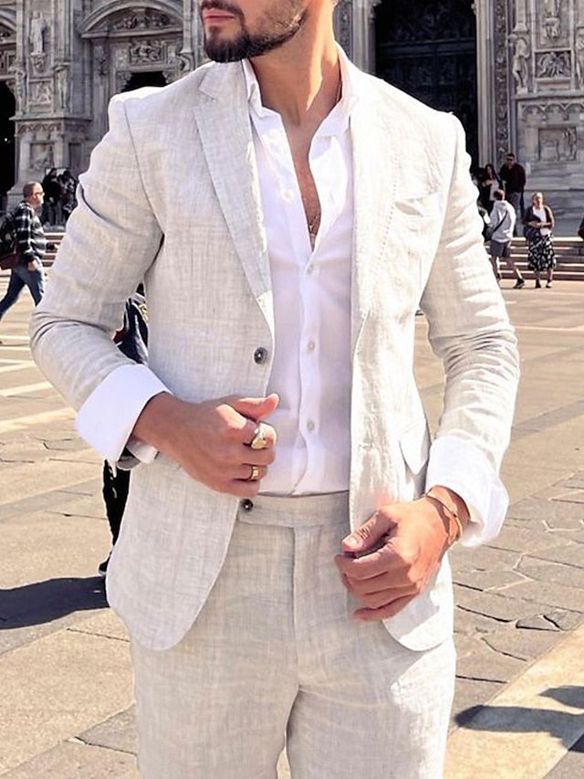 Men's Tailored Fit Single Breasted Two-buttons 2 Pieces Solid Colored Linen Suits - 이미지 2